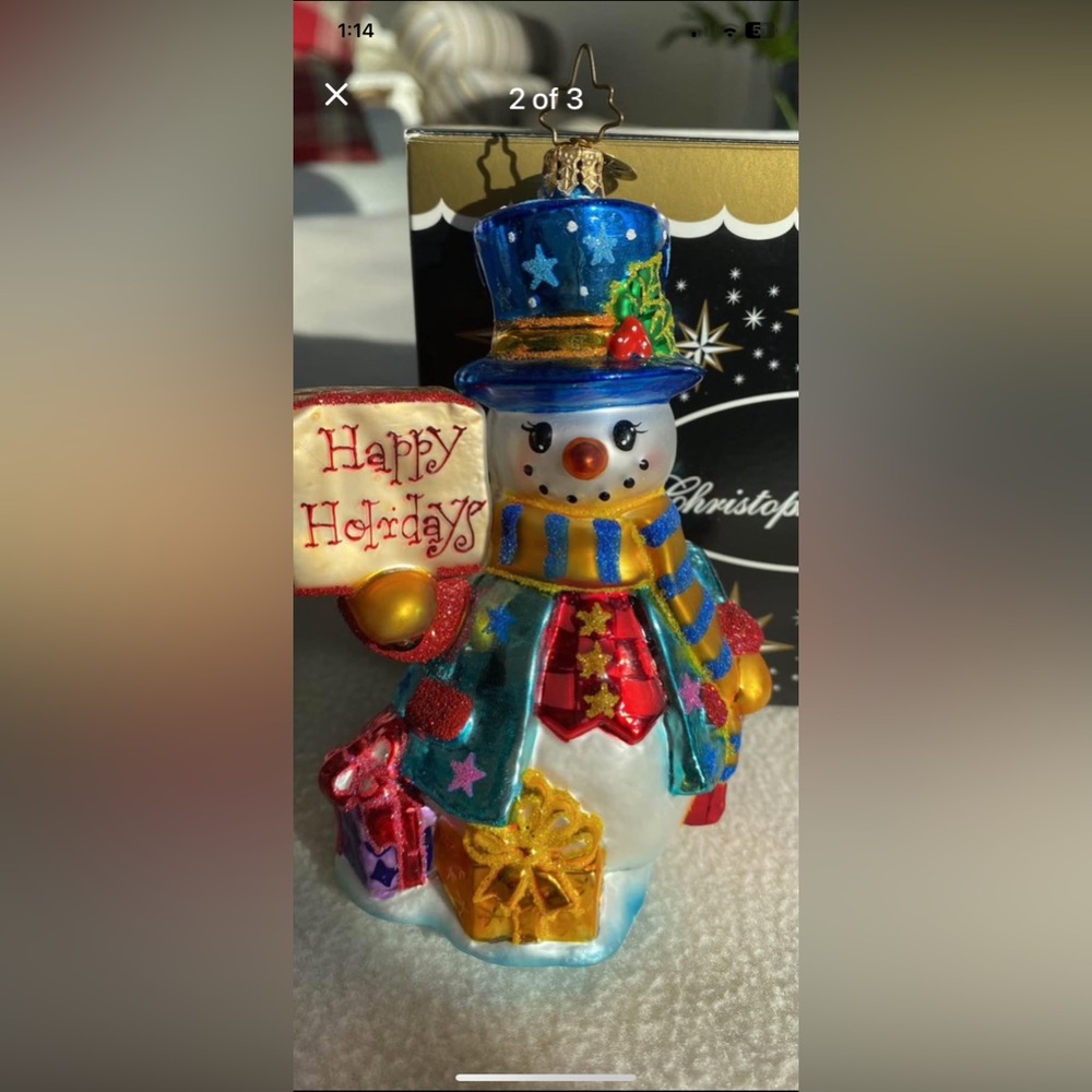 Christopher Radko Festive Snowman Ornament with Blue and Gold Details